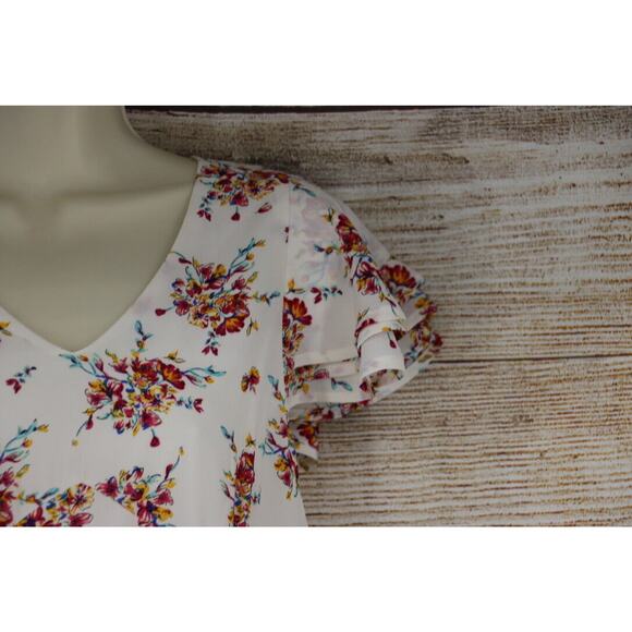 Very J Womens Size Medium Large Floral Midi Cap Sleeve Dress White Pink - Picture 3 of 6